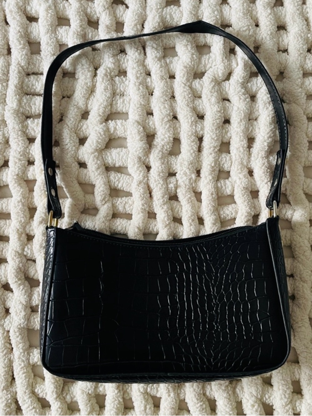 Classic Black Croc-Embossed Shoulder Bag